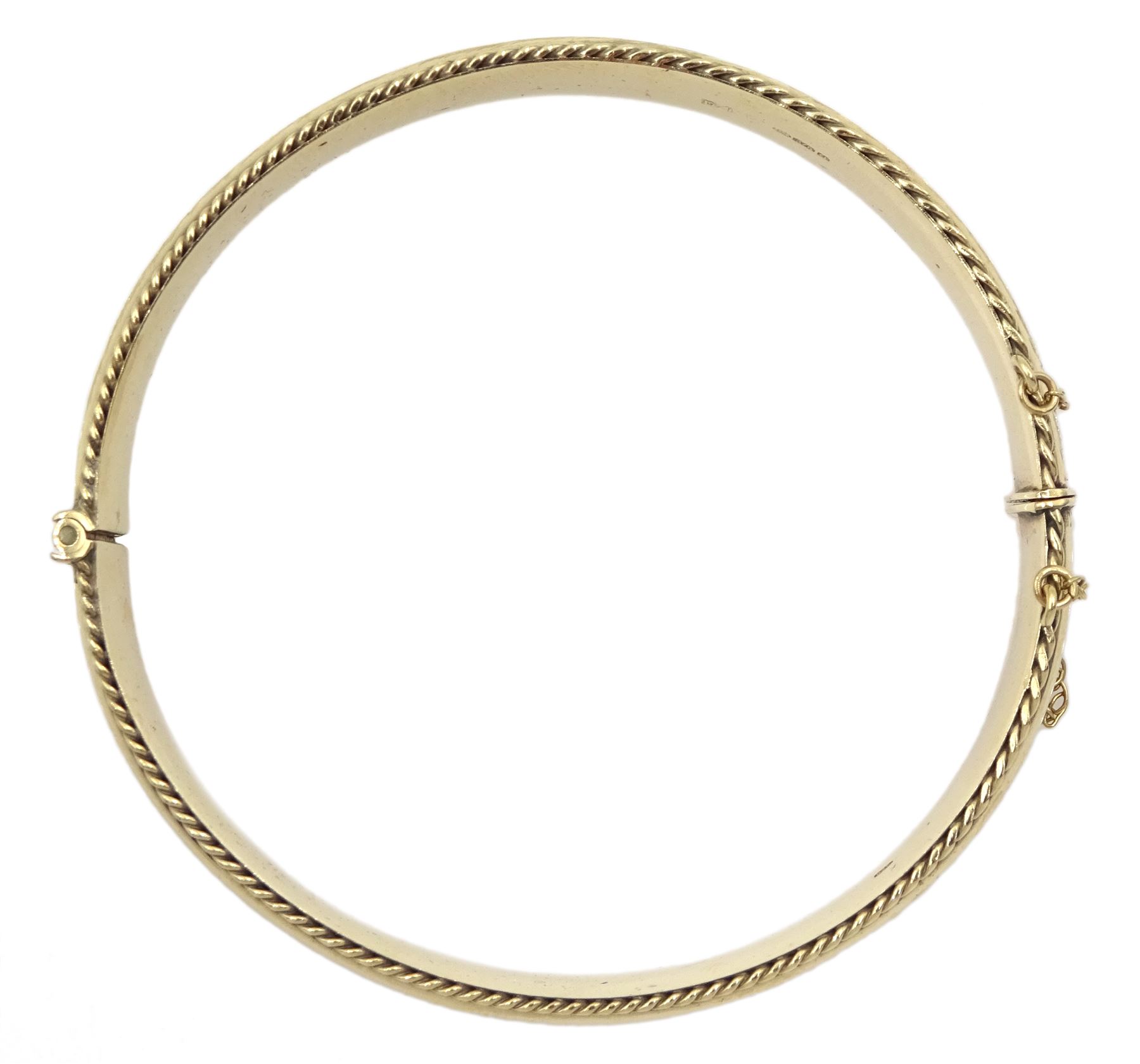 9ct gold hinged bangle with engraved and rope twist decoration, hallmarked 