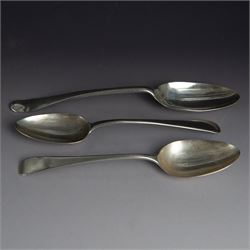 George III silver table spoon, with engraved initials, hallmarked London 1766, maker's mar...