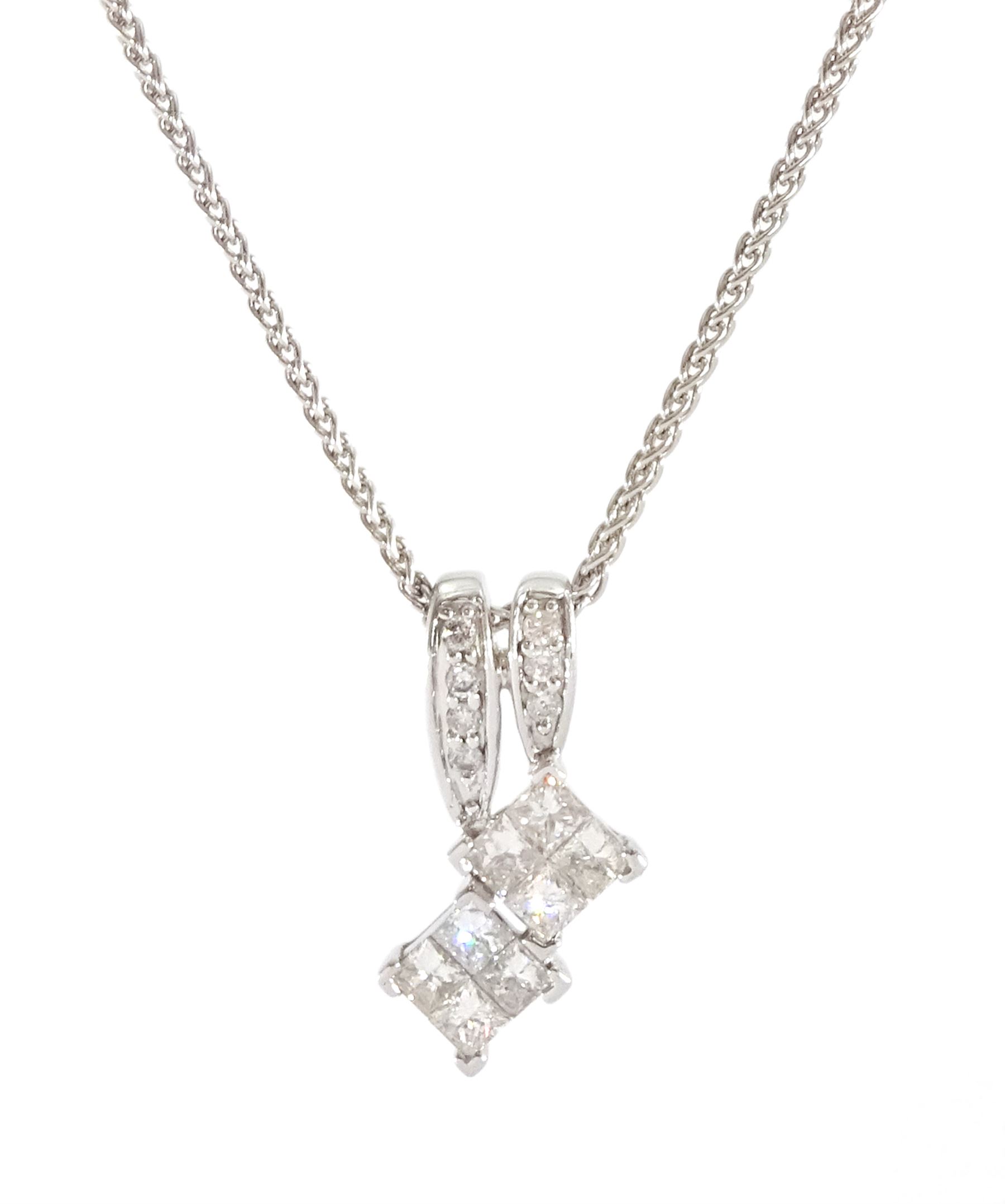 18ct white gold pave set princess cut and round brilliant cut diamond pendant necklace, hallmarked, total diamond weight approx 0.50 carat