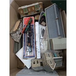Collection of model railway buildings and other accessories, together with a box empty Hornby boxes, including three trainset boxes with pieces of track inside only