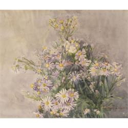 Edith Brearey Dawson (née Robinson) (British 1862-1928): Michaelmas Daisies, watercolour signed 24cm x 28cm 
Notes: Edith was the daughter of a Quaker Schoolmaster living in Scarborough as early as 1881, she studied under Albert Strange at the Scarborough School of Art, exhibiting at the Royal Academy and the RBA between 1889 and 1893. She married fellow artist Nelson Ethelred Dawson in 1893 then moving to London she mostly abandoned painting in favour of metal and enamel work.