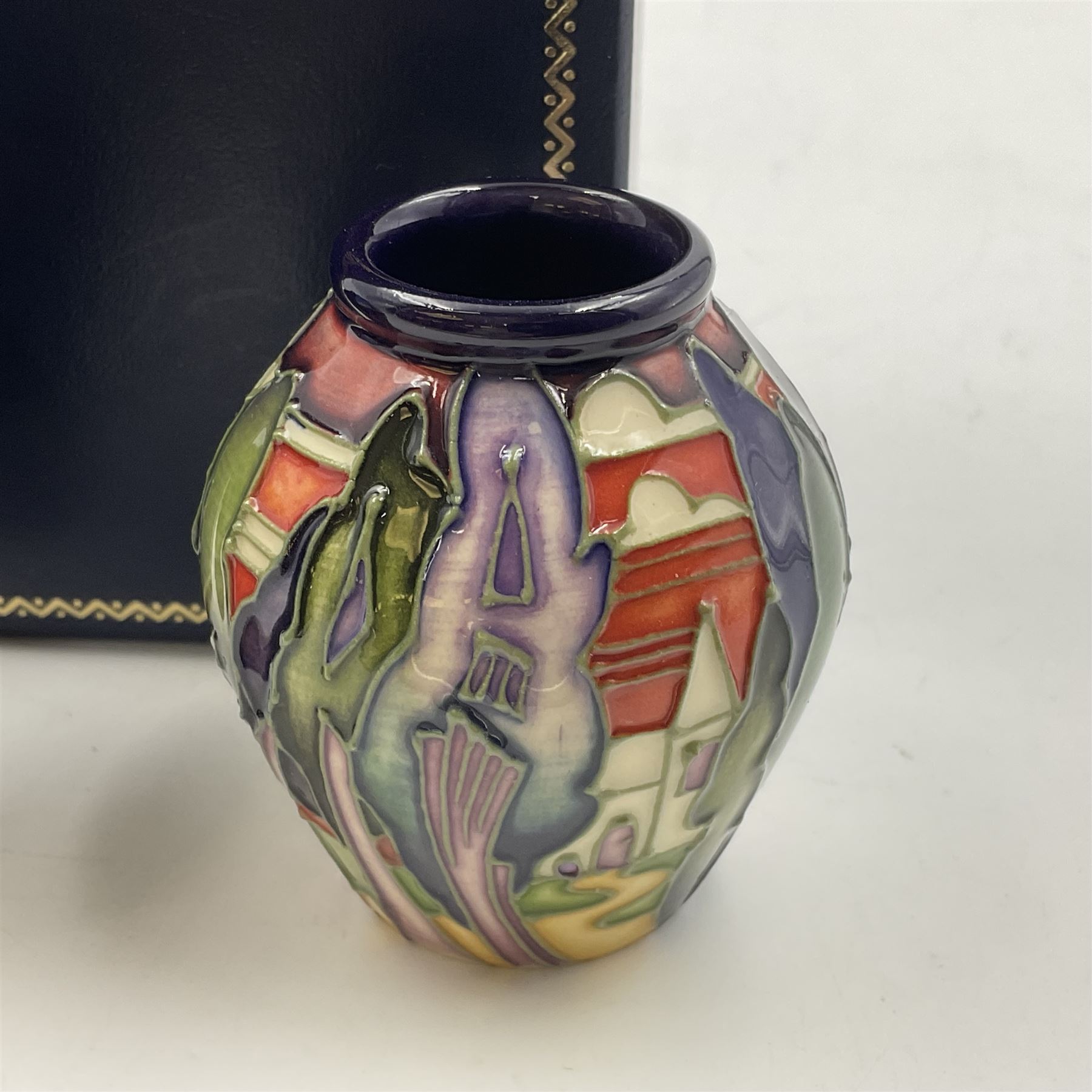 Two miniature Moorcroft vases, one decorated in the Lodge Hill pattern, circa 2007, H6cm,  and the other decorated in Made in Burslem circa 2011, H6cm  
