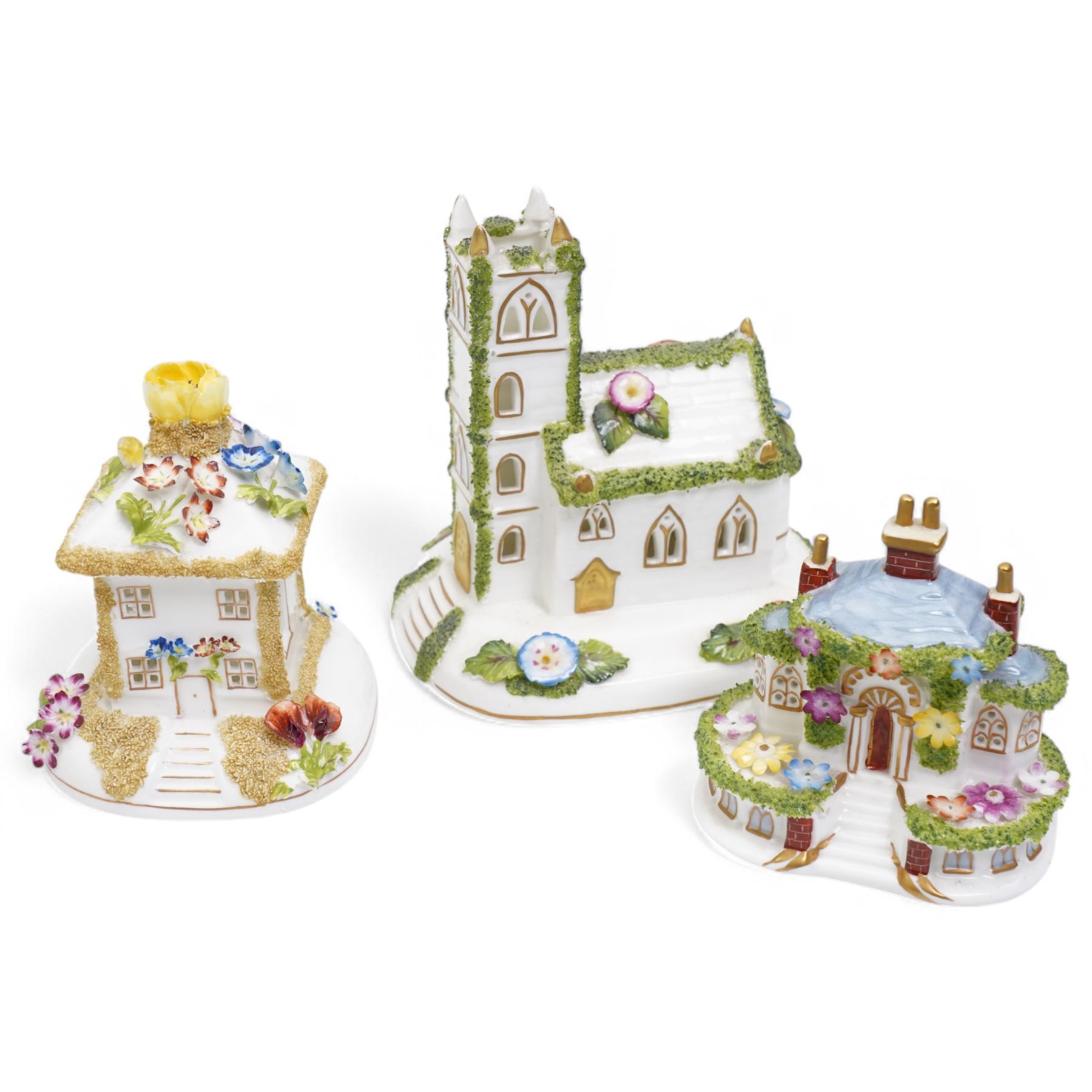 Collection of eight Coalport houses including Village Church, Orange Blossom Cottage, Red House, Swiss Cottage etc