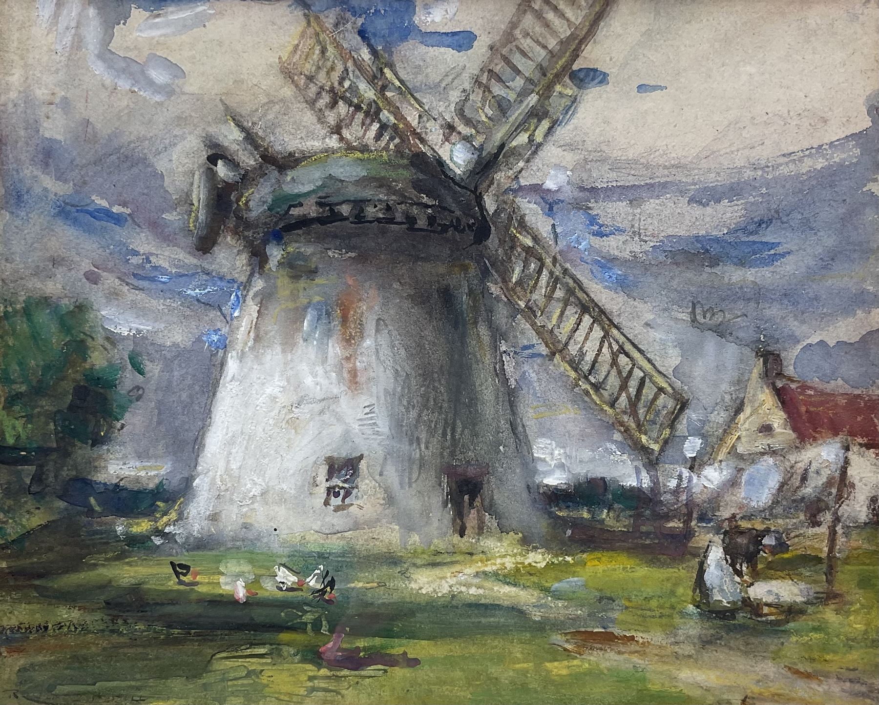 Rowland Henry Hill (Staithes Group 1873-1952): Hanging out Washing at Ugthorpe Mill, watercolour signed 21cm x 26cm