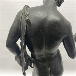 Bronzed classical nude male figure, upon a stepped circular base, H61cm 