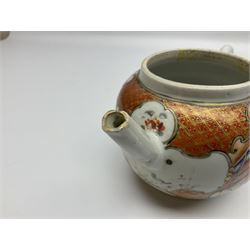 Two late 18th/early 19th century Chinese export teapots, the largest example of globular form with curved handle and straight spout, decorated in the Mandarin style with figural scenes surrounded by red scale reserves, H13.5cm, the second smaller example decorated in underglaze blue with two musicians in a landscape set with willow tree and fence, H10.5cm

