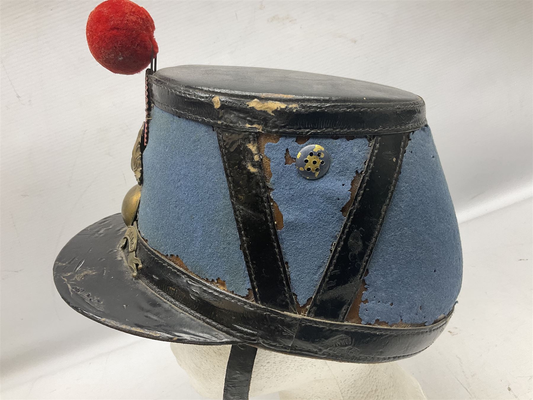 WW1 French Ecole Speciale Militaire Saint-Cyr shako with metallic tricolor cockade and scarlet pompom c1914