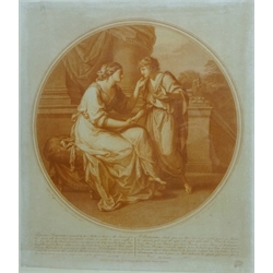  'Cleone' and Figures in Conversation, three 18th century stipple engravings after Angelica Kauffman (British 1741-1807) pub. W. Wynne Ryland max 38cm x 33cm and one other 19th century engraving 44cm x 36cm (4)  