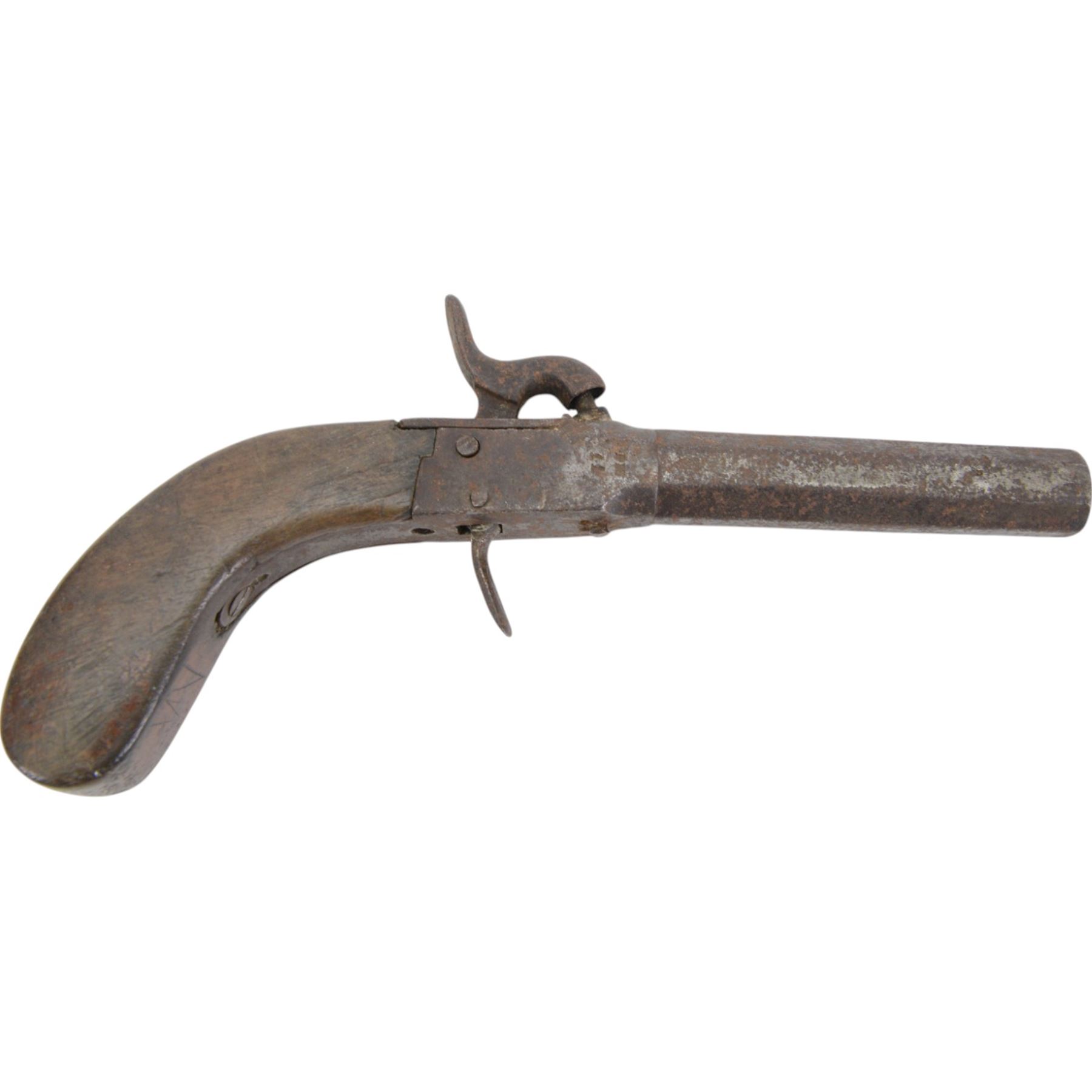 19th century percussion pistol with octagonal barrel, together with muff/ starter pistol 