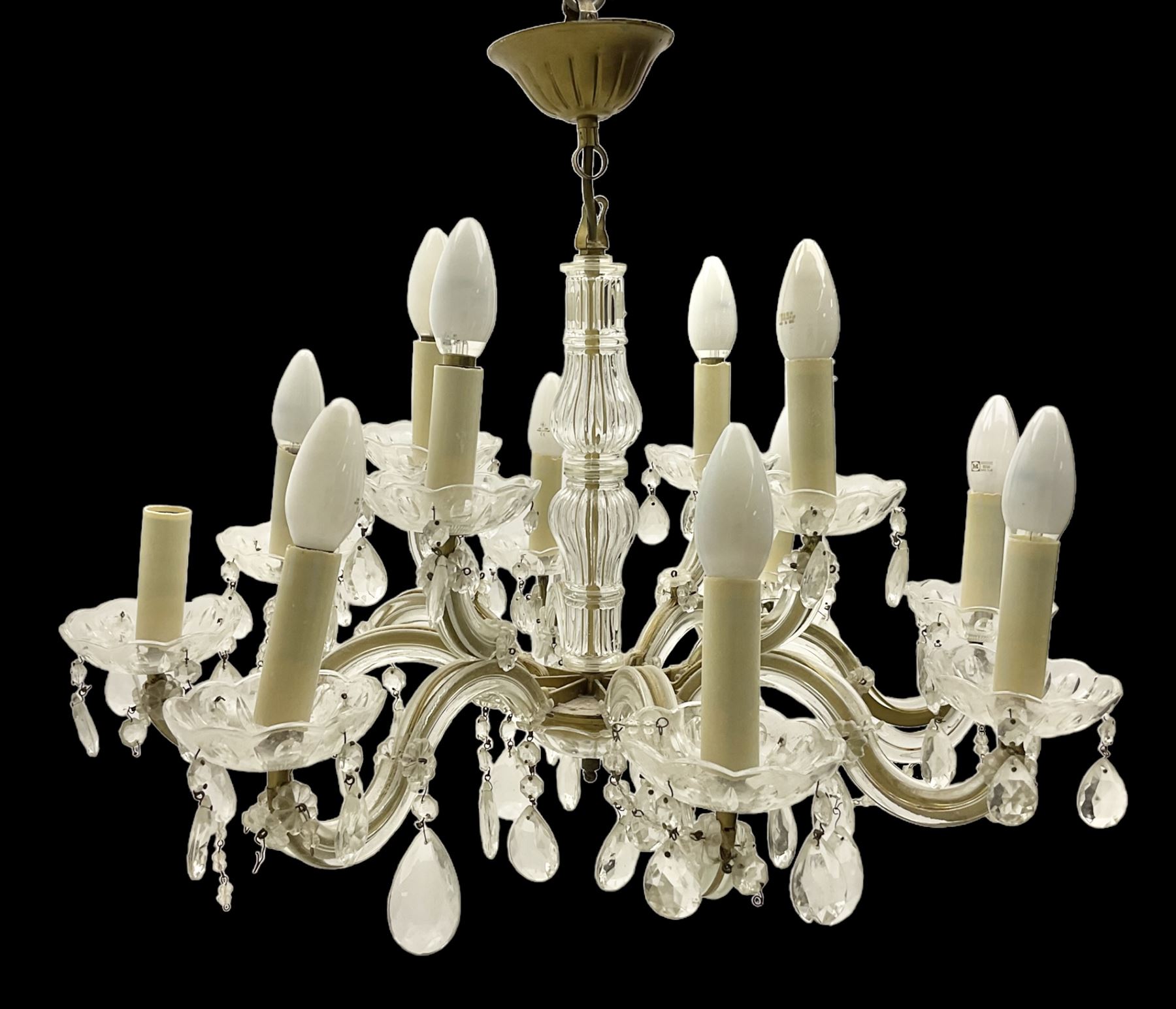 Victorian style glass eight branch chandelier, with drip trays, brass tone support, and drops