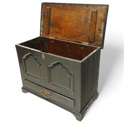 18th century and later oak coffer bach, moulded hinged lid over panelled front and single drawer, shaped and stepped arch panels, on bracket feet, in black paint finish