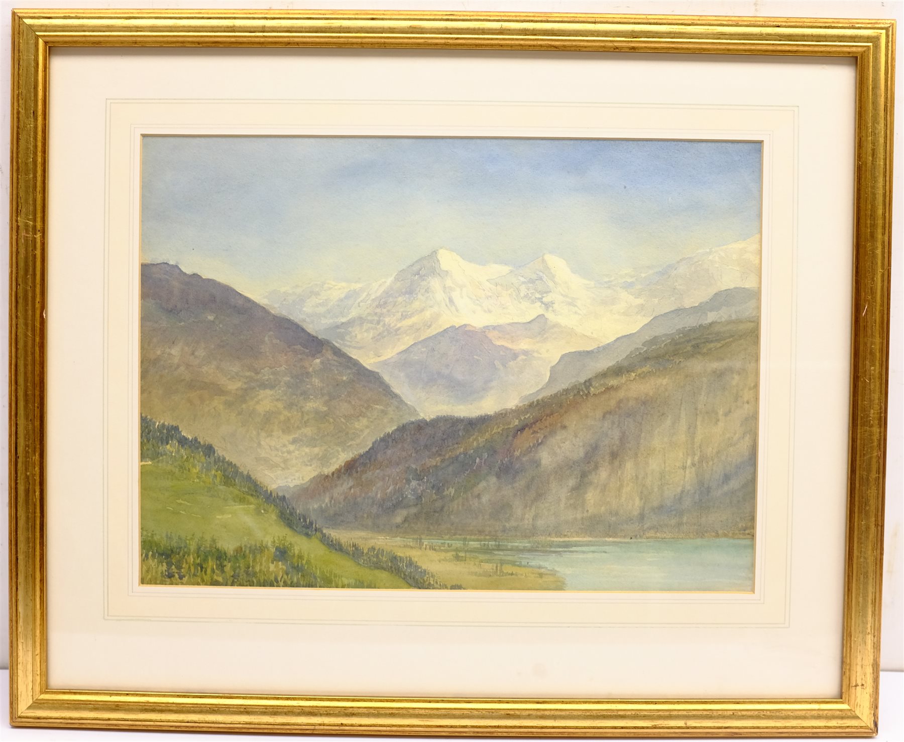 Alfred Young Nutt (British 1847-1924): 'Lake Thun Switzerland', watercolour inscribed verso 27cm x 37cm
Provenance: with T B & R Jordan Fine Art, Stockton on Tees, label verso