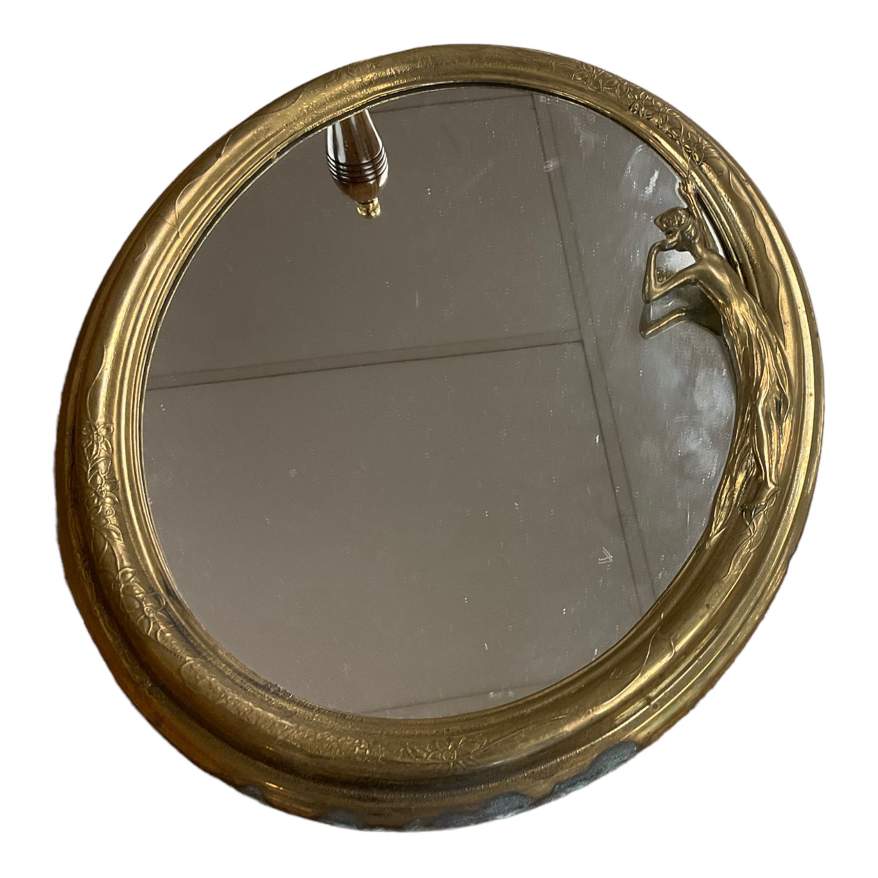 Brass Art Deco style mirror, together with a brass bell and other metalware 