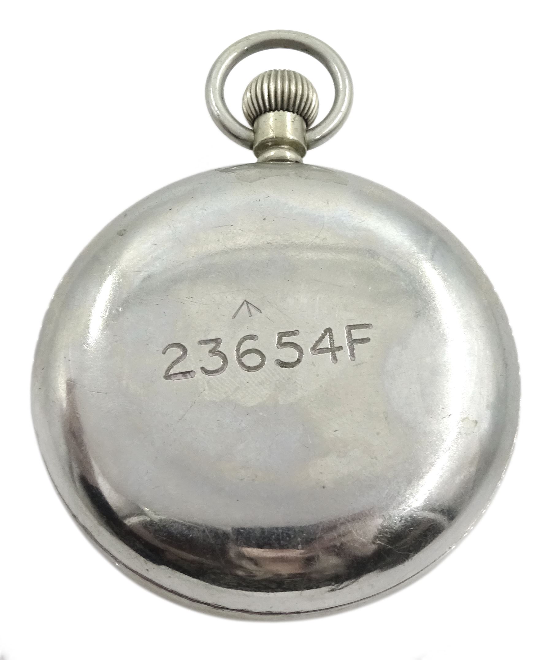 WWI British Military nickle open face keyless lever pocket watch by H. Williamson, London, No. 196228, black dial with subsidereary seconds dial, screw back case by Dennison, engraved broad arrow and 23654F