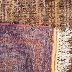 North West Persian Baluch prayer rug, central pointed mihrab design,    dark brown and camel tones, with repeating geometric and stylised floral motifs, lower field with tree of life motifs, main border geometric vine pattern in alternating colours, narrow guard stripes with repeating small motifs 