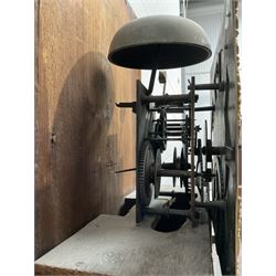 William Coulton of York - 18th century 30-hour ebonised longcase clock, with a flat pediment, broad cornice and plain frieze beneath,, square hood door with attached pillars, long break arch trunk door and rectangular plinth,  matted dial centre with curved date aperture and cast spandrels, chapter ring with Roman numerals, five minute Arabic's, minute and inner quarter hour tracks, count wheel striking movement striking the hours on a bell. With pendulum and weight.