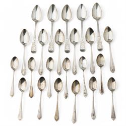 Set of twelve silver coffee spoons with shaped finials Birmingham 1956, set of six silver teaspoons engraved with initials Sheffield 1932 and five George III teaspoons London 1808 Maker Peter and William Bateman