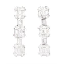 Pair of 18ct white gold baguette cut and round brilliant cut diamond stud earrings, hallmarked, total diamond weight approx 2.50 carat