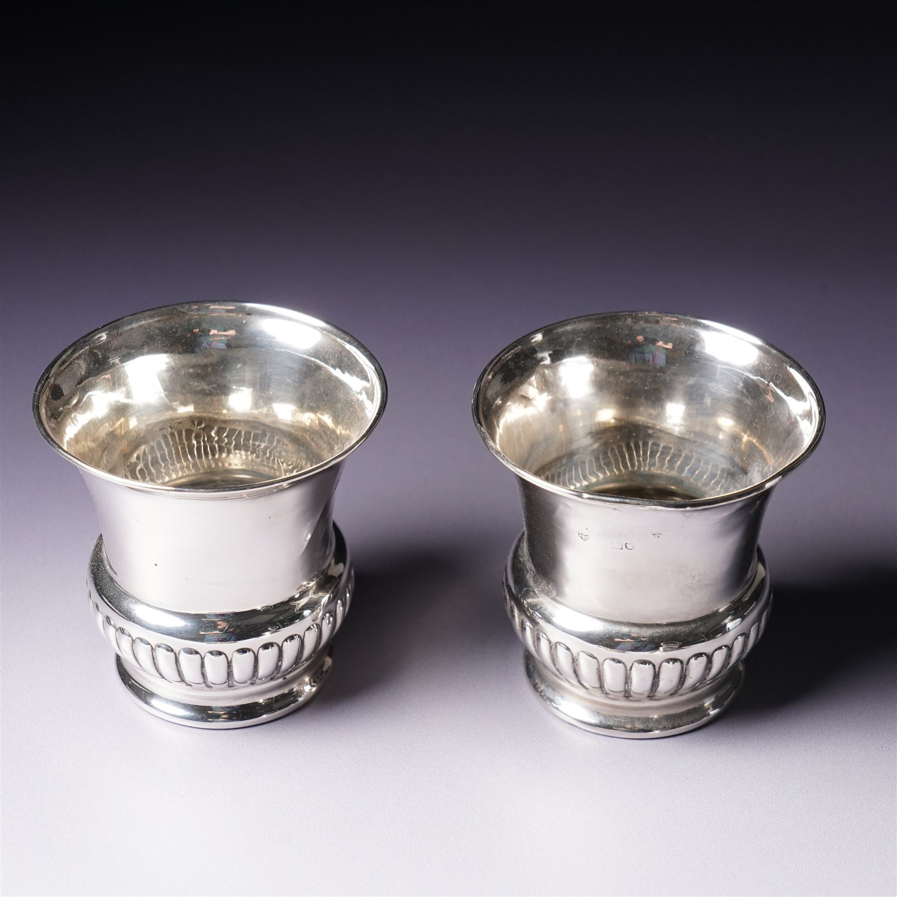 Pair of small silver vases H8cm London 1912, silver circular inkwell Birmingham 1912, cased set of six silver coffee spoons and a small silver dressing table box