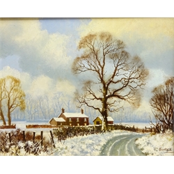  Chopping Wood in the Snow, oil on board signed by Patrick Burke (Northern British contemporary), 28cm x 37cm and Country House in the Snow, oil on board signed by the same hand 19cm x 24cm (2)  