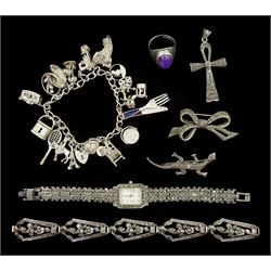  Collection of silver jewellery including charm bracelet, marcasite bracelet, brooches, wristwatch and pendant and an amethyst ring