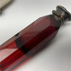 Victorian ruby glass double end scent bottle with silver covered to either end, together with with shell coin purse