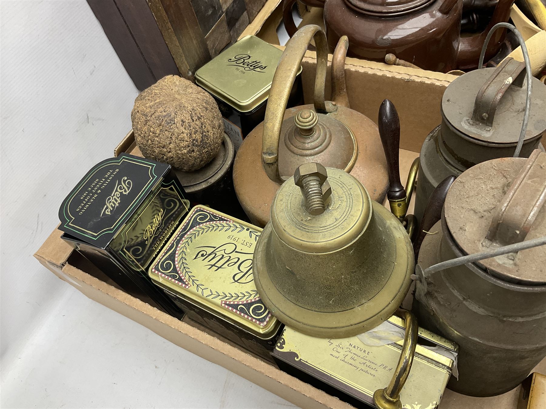 Mauchline ware trinket box and thimble holder, together with copper kettle, two large brown enamel teapots, wooden chess board, brass bell, hot water urn, and other metal ware etc, in three boxes 