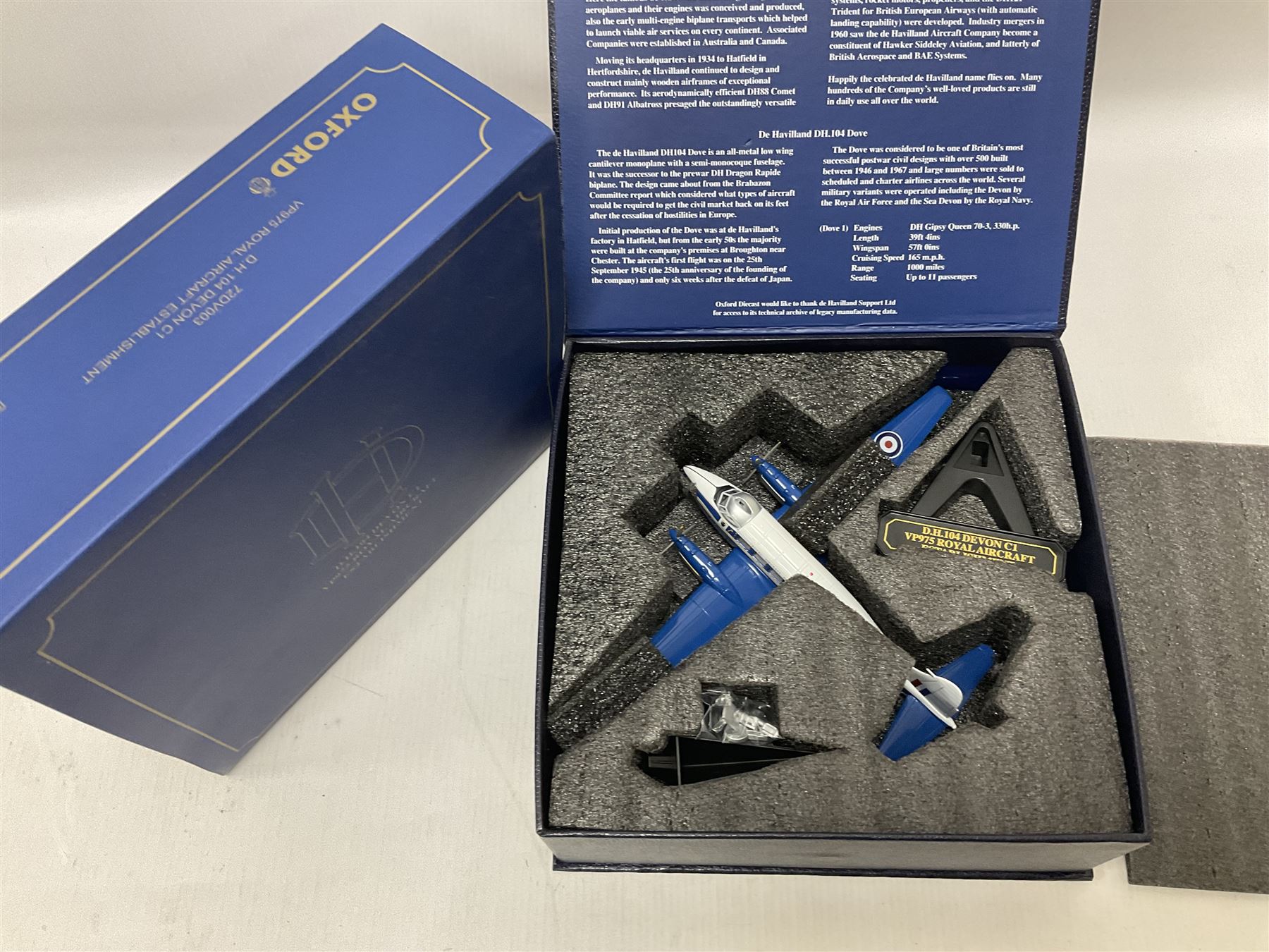 Oxford Die-Cast - four 1:72 scale model planes comprising two DH89 Dragon Rapide 72DR007 Z-7258/G-AFMH (RAF Air Ambulance) and 72DR008 0G-AIDL (Classic Air Force); De Haviland Devon C1 72DV003 VP975 Royal Aircraft Establishment; Avro Anson Mk1 72AA002 217 Sqn. RAF Coastal Command; in original boxes (4) 