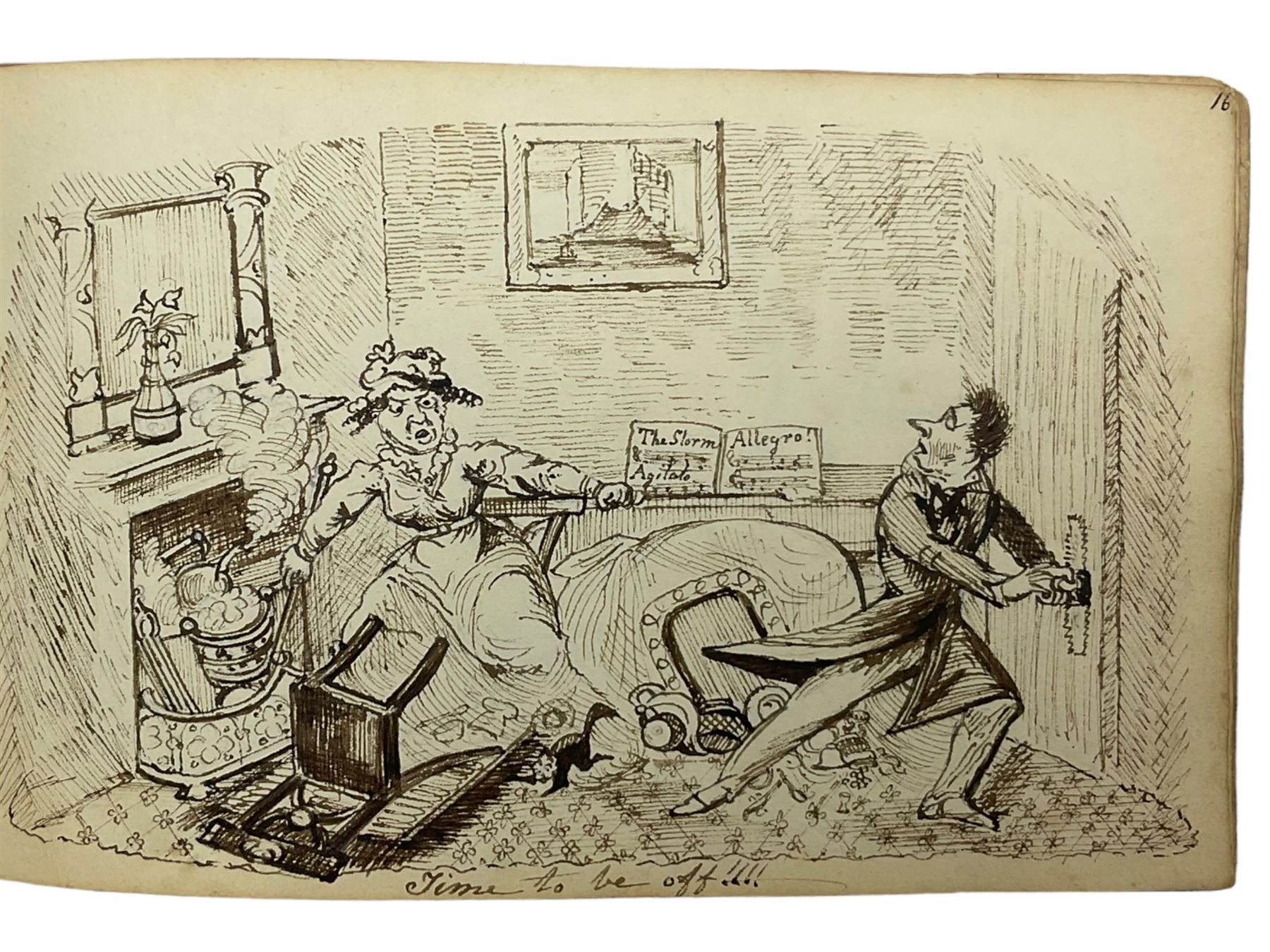 George Cruikshank (British 1792-1878): 'Illustrations of Time', original sketchbook containing eighteen preliminary pen and ink  sketches for the folio pub. 1827, signed in the title page with inscriptions for each sketch 12cm x 19cm
