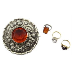  Scottish silver plated cairngorm plaid pin/brooch by Thomas Ross & Sons Glasgow 8cm, dress ring stamped 18ct, garnet 9ct gold (tested) dress ring and an amber ring  