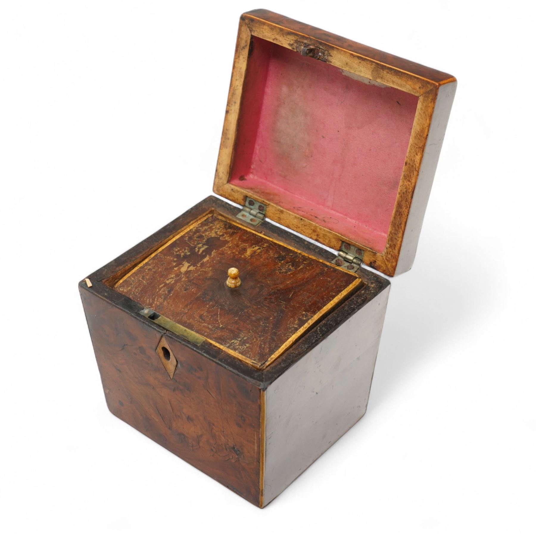 Georgian era single compartment burr yew wood tea caddy, of tapered square form, H12cm