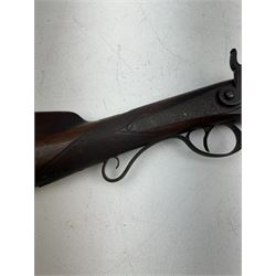 19th century single barrel percussion fire shotgun, muzzle loader, walnut stock with chequered grip and engraved steel fittings, the 84cm (33