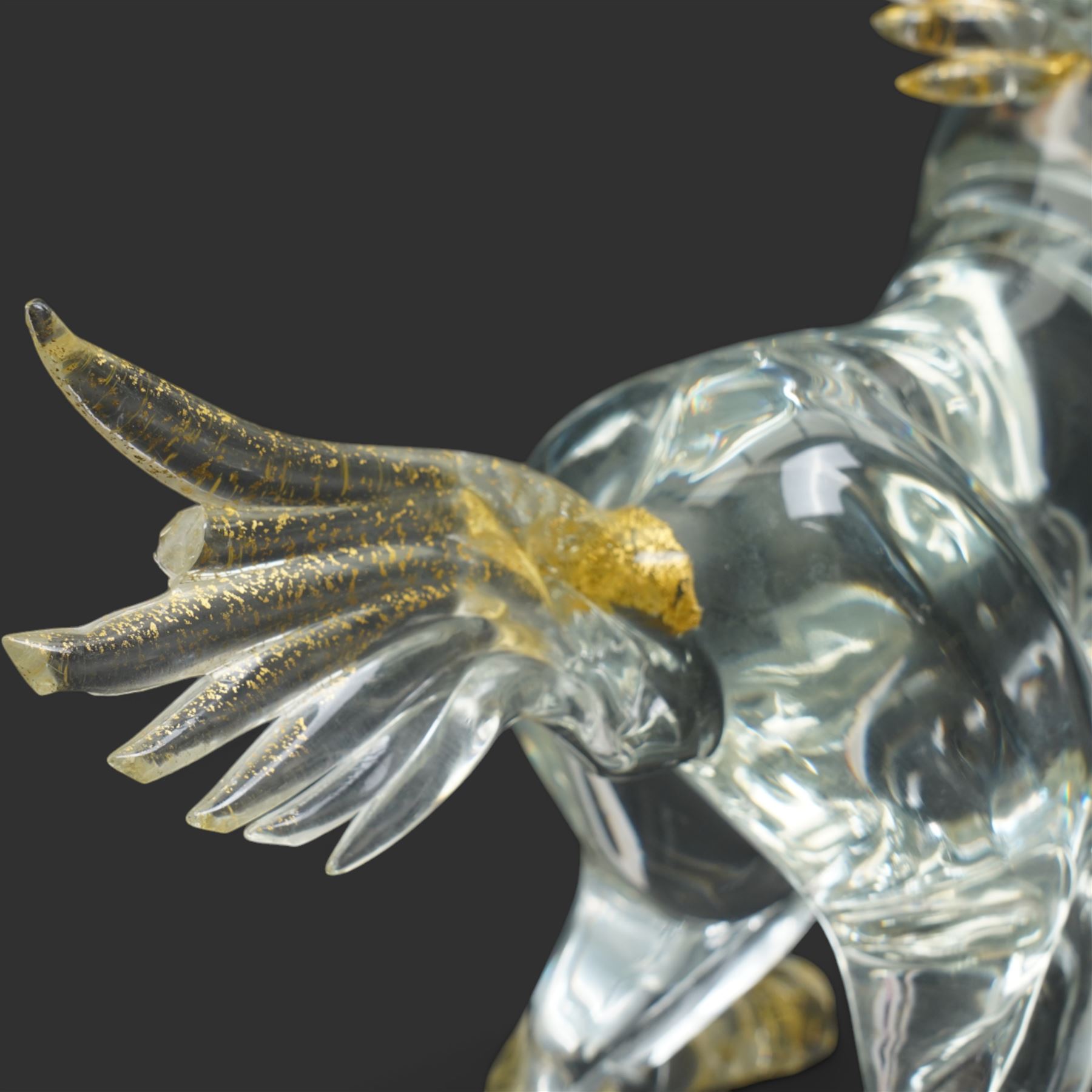 After Oscar Zanetti - Two Murano glass rearing horses with aventurine details to mane tail and hooves, larger 35cm and a Murano dolphin H24cm (3)