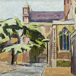 Pamela Chard (British 1926-2003): St Alban's Cathedral from the East, oil on canvas unsigned 52cm x 52cm 
Provenance: studio collection of the late William Chard, the artist's husbandNotes: Chard was a British artist and teacher married to fellow artist William Chard (1923-2020). The couple met at the Redfern Gallery in Cork Street, London, and went on to study under several important artists such as Henry Moore, Ceri Richards, and Vivian Pitchforth. They were both active members of 'The Arts Council of Great Britain', and exhibited with the London Group and Drian Gallery.