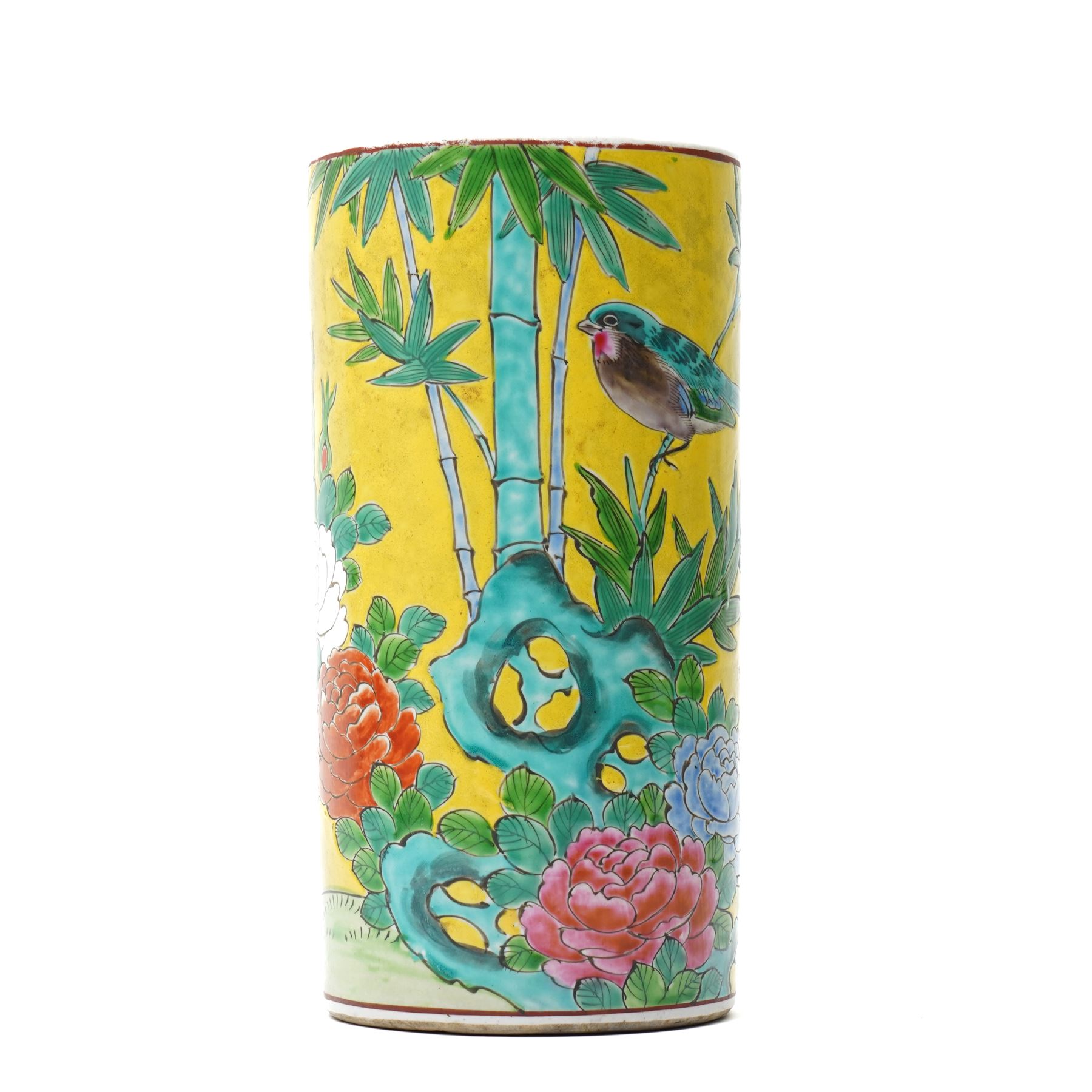 Chinese famille jaune spill vase, decorated with birds and flowers, mark in red to base, H24cm