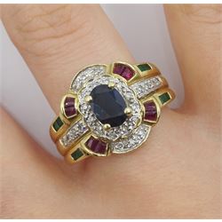 9ct gold oval sapphire, calibre cut emerald, ruby and diamond chip dress ring, hallmarked