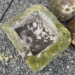 Small circular stone mortar, small stone wheel and a square stone trough - THIS LOT IS TO BE COLLECTED BY APPOINTMENT FROM DUGGLEBY STORAGE, GREAT HILL, EASTFIELD, SCARBOROUGH, YO11 3TX