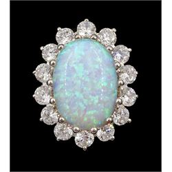 Silver opal and cubic zirconia cluster ring, stamped 925