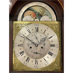 Pattison of Halifax - Late 18th century mahogany 8-day longcase clock, With a swans necked pediment and brass patera, recessed break arch hood door beneath flanked by plain turned pilasters with brass capitals, trunk with satinwood inlay, reeded columns and a curved top door with an ivory escutcheon, conforming plinth raised on bracket feet, brass dial with a rolling moon to the arch, cast spandrels , engraved and silvered dial centre  and chapter ring, chapter with Roman numerals, five minute Arabic's and minute markers, makers name to the dial centre with seconds and date work, dial pinned to a rack striking movement, striking the hours on a cast bell. With weights and pendulum. John Pattison is recorded as working in Halifax c1783.   

This item has been registered for sale under Section 10 of the APHA Ivory Act