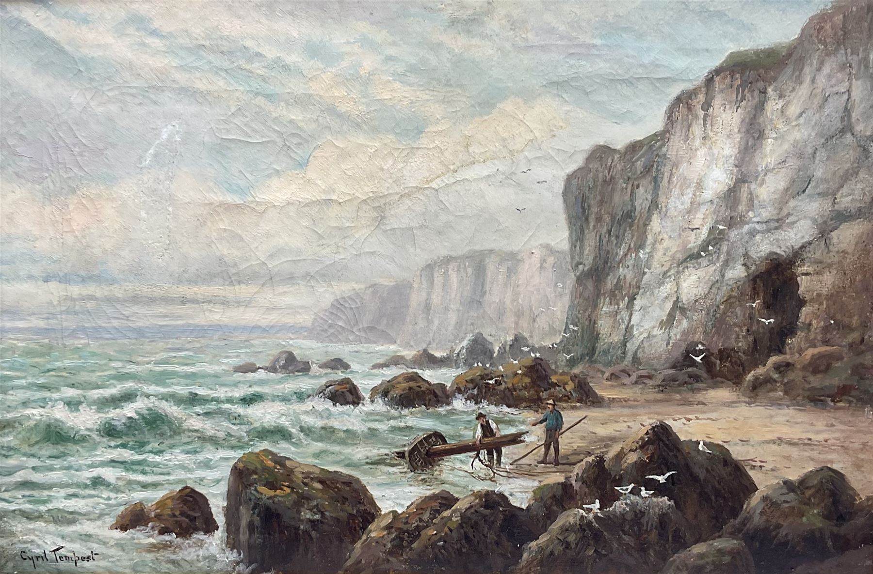 Cyril Tempest (Yorkshire late 19th century): Mast from Shipwreck and Beached Sailing Vessels, pair oils on canvas signed 40cm x 60cm (2)