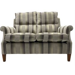 Duresta two seater sofa, walnut finish legs, silver and charcoal ombré striped upholstery