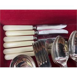 Canteen of King's pattern cutlery for six place settings by James Ryals of Sheffield, with two extra forks, pair of salad servers and six fish knives, all within fitted wooden case, together with six ivorine handled butter knives and six silver plated cake forks