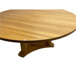 Chris Berry for Berrydesign - contemporary bespoke solid light oak dining table, circular top over ring turned triple pedestal with triform base
