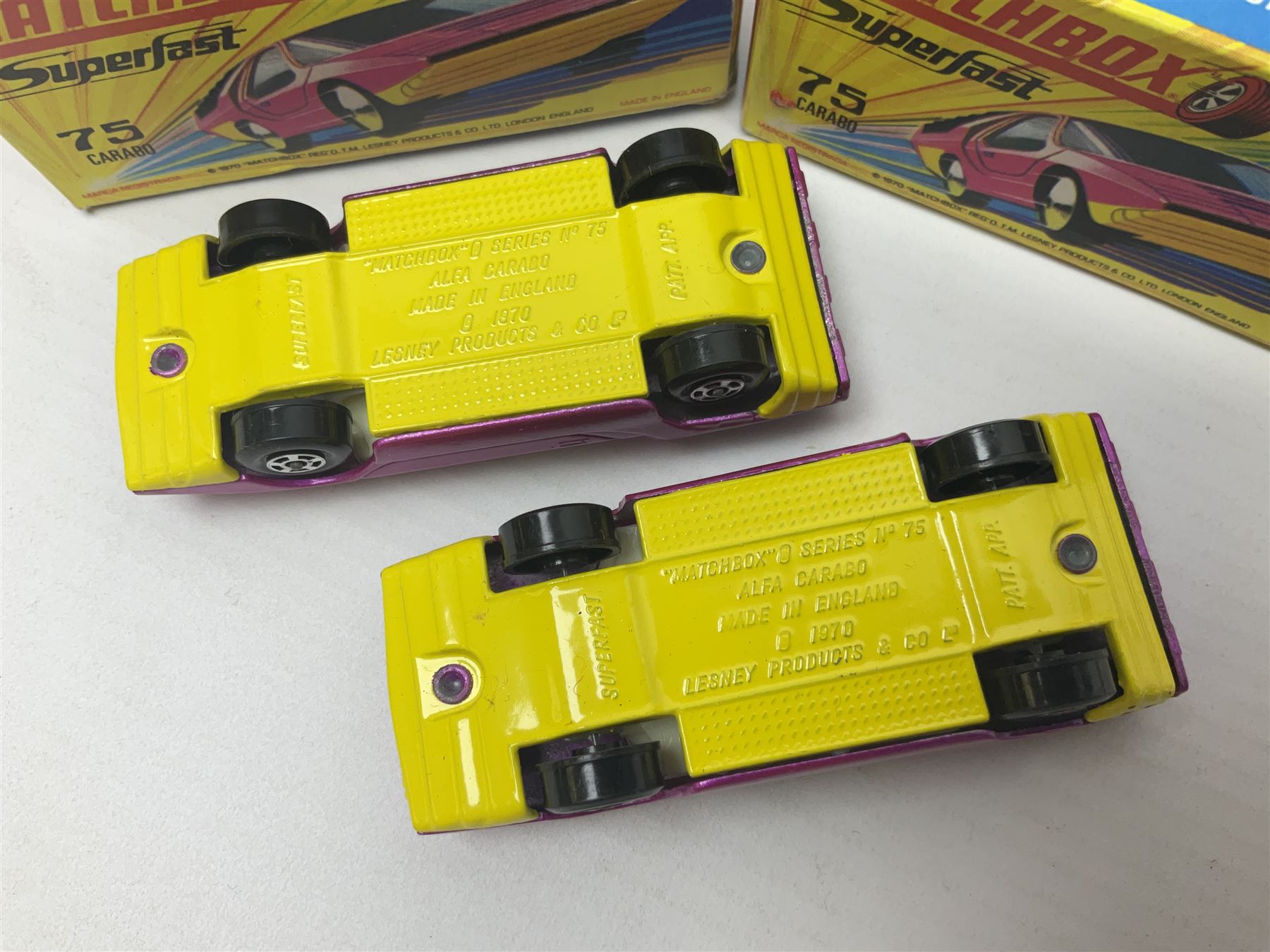 Matchbox 1-75 Series 'Superfast' ex-shop stock - eight models comprising two 62d Dragster, two 64c Slingshot Dragster, two 65d Saab Sonnet III and two 75c Alfa Carabo; all boxed; together with Matchbox trade catalogue c1973 in original vinyl cover (9)