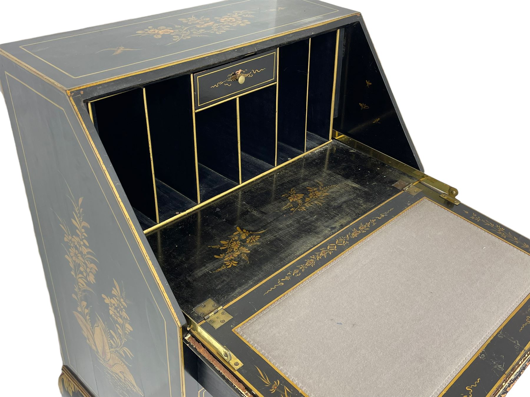 Early 20th century Chinoiserie lacquered bureau, raised gilt decoration, fall front enclosing divisions and drawer, three graduating long drawers, on cabriole supports