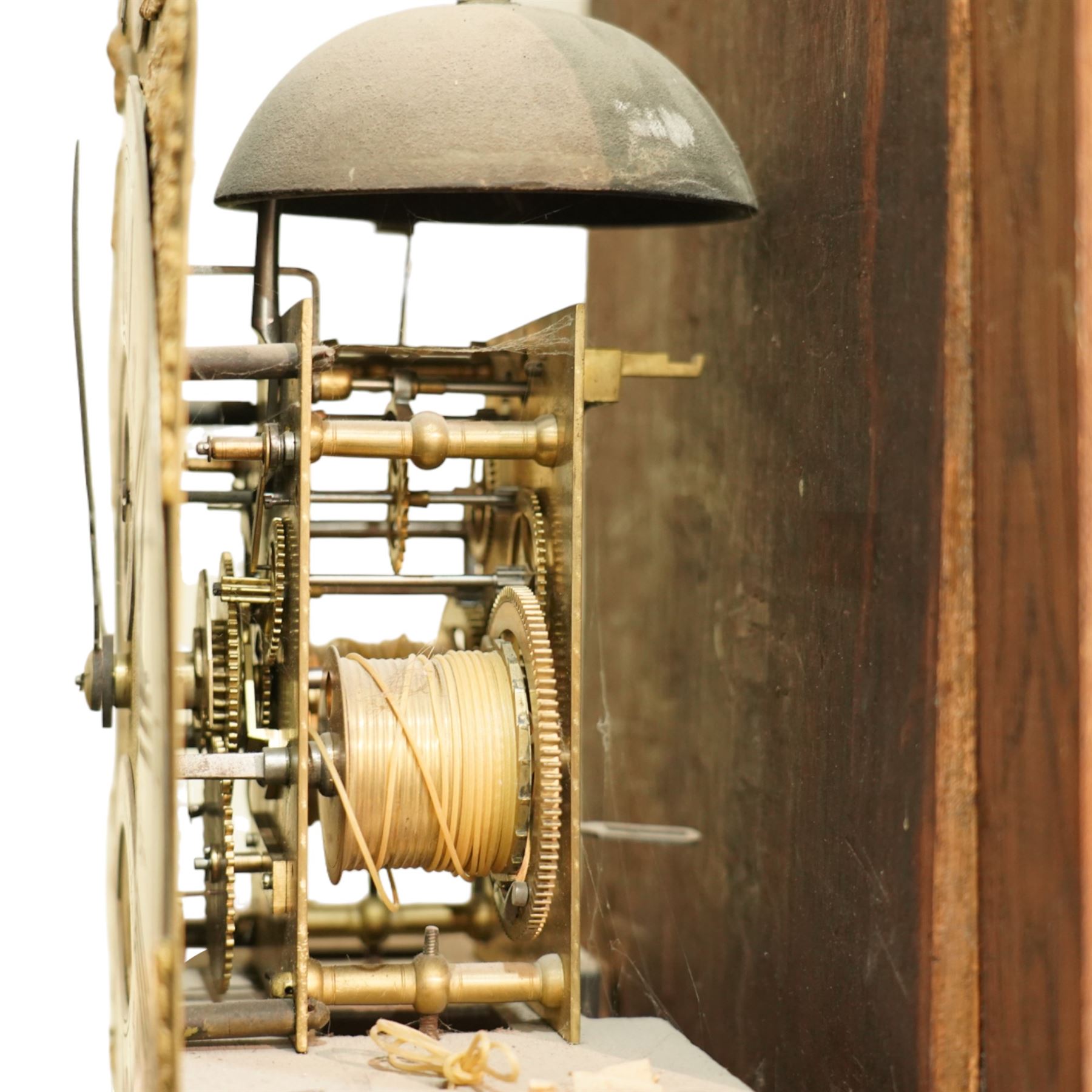 18th century longcase clock, the brass dial with ormolu spandrels, Father Time automaton and inscribed 'Joseph Heeley from London' with seconds ring and eight day movement in oak caddy top case, the trunk door with mahogany crossbanding H248cm