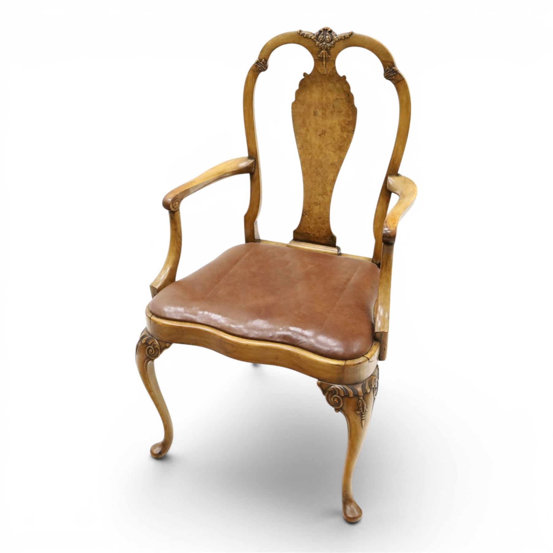 Queen Anne Design walnut kneehole desk with matching chair, rectangular figured top with crossbanding, three frieze drawers, raised on cabriole supports, the chair with serpentine front raised on cabriole supports