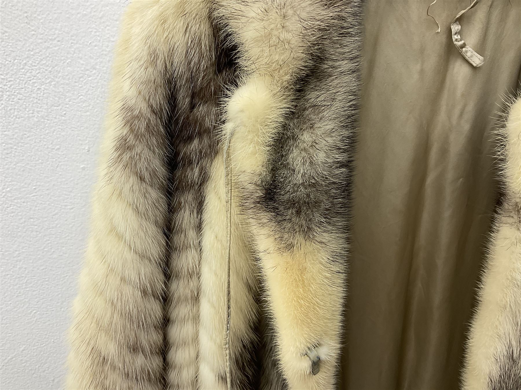 Saga mink full length fur coat, with chevron patterning to sleeves and body, with label to lined interior, approx size 12
