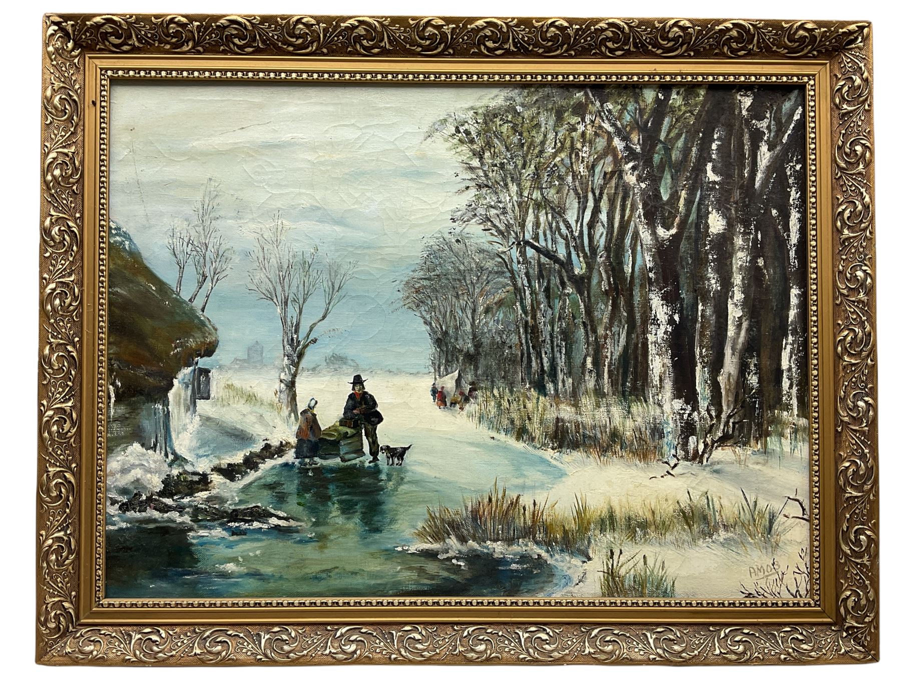 Amos (20th century): Wooded Winter Landscape, oil on canvas signed 44cm x 59cm