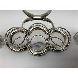 Sheffield silver-plated cruet set, comprising mustard pot, open glass salt and pepper pot on stand, together with a collection of silver plated spoons